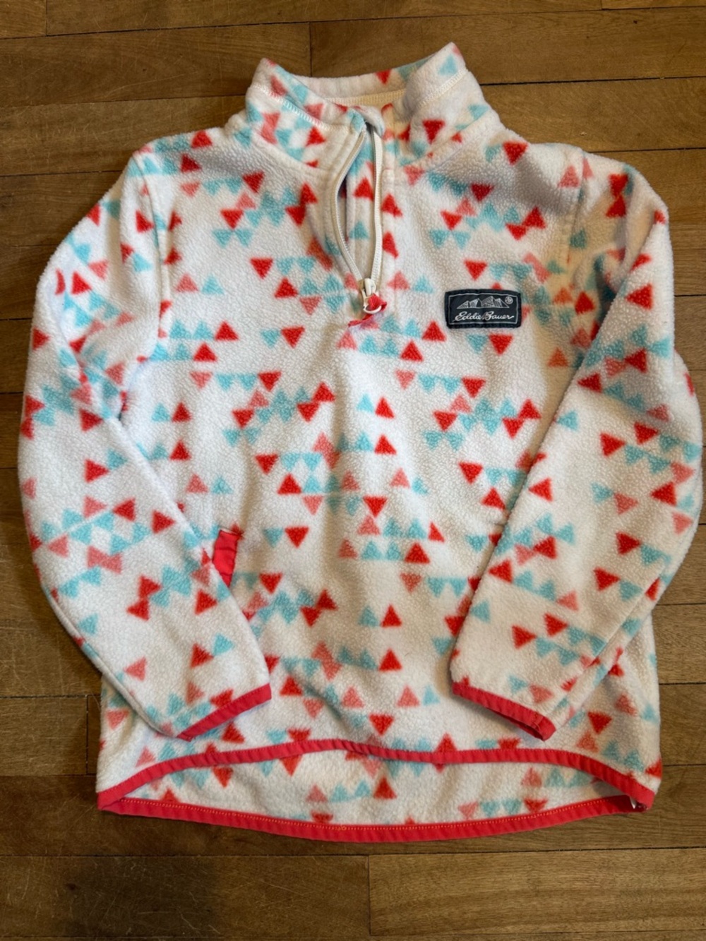 Eddie Bauer Cream Fleece Pullover with Red & Aqua Triangle Print